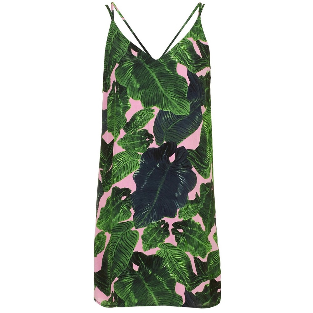 TOPSHOP Palm Print Cross-Back Slip Dress